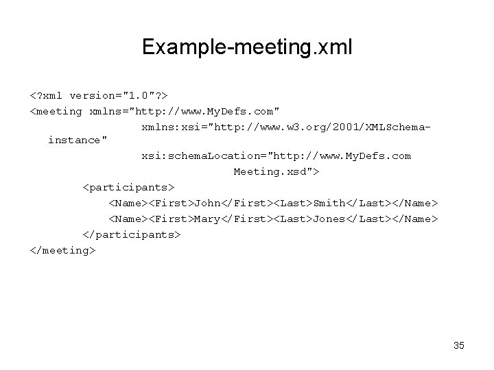 Example-meeting. xml <? xml version="1. 0"? > <meeting xmlns="http: //www. My. Defs. com" xmlns: