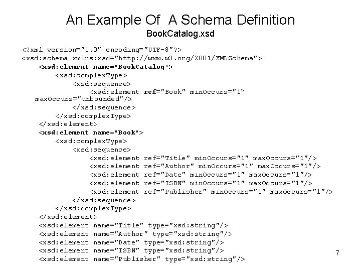 An Example Of A Schema Definition Book. Catalog. xsd <? xml version="1. 0" encoding="UTF-8"?