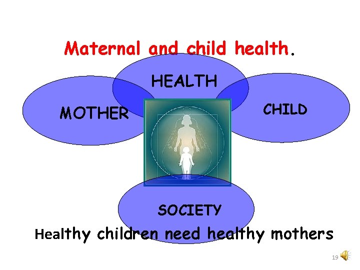 Maternal and child health. HEALTH CHILD MOTHER SOCIETY Healthy children need healthy mothers 19