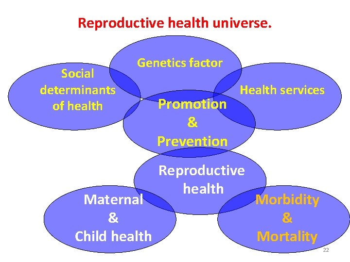Reproductive health universe. Social determinants of health Genetics factor Maternal & Child health Promotion