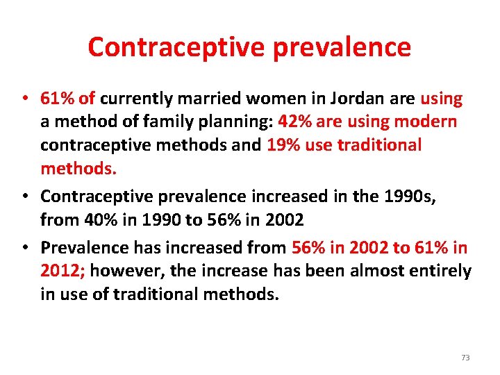 Contraceptive prevalence • 61% of currently married women in Jordan are using a method