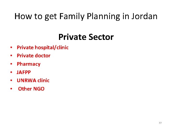 How to get Family Planning in Jordan Private Sector • • • Private hospital/clinic