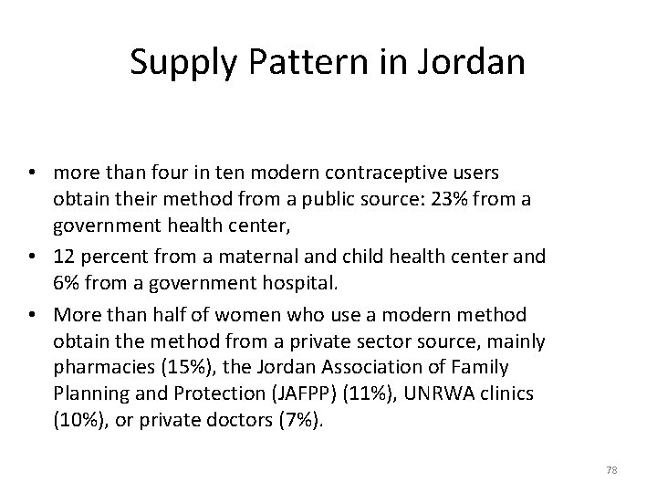 Supply Pattern in Jordan • more than four in ten modern contraceptive users obtain