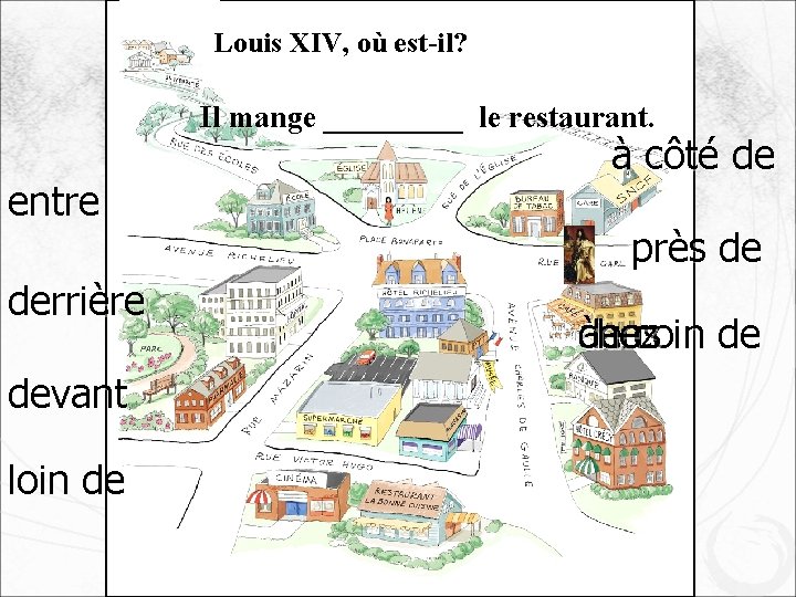 Louis XIV, où est-il? Il mange _____ le restaurant. entre derrière devant loin de