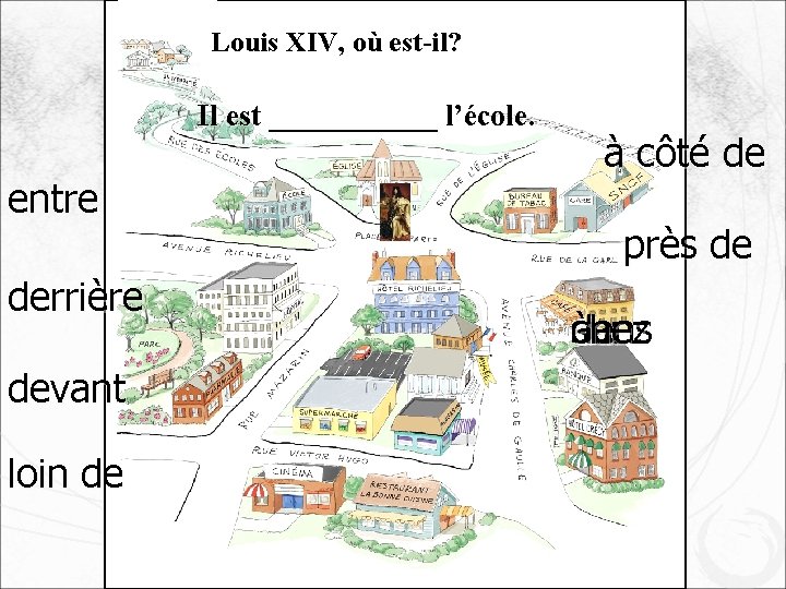 Louis XIV, où est-il? Il est ______ l’école. entre derrière devant loin de à