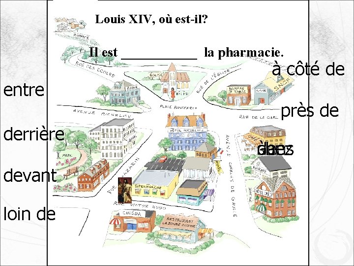 Louis XIV, où est-il? Il est ______ la pharmacie. entre derrière devant loin de