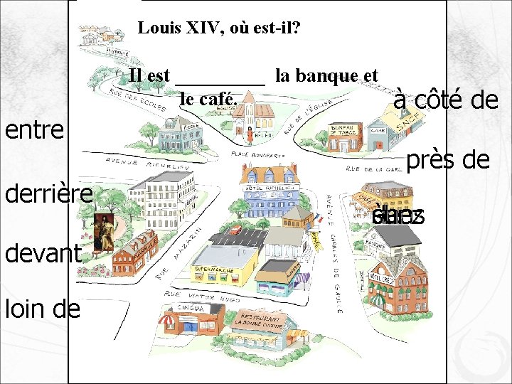 Louis XIV, où est-il? Il est _____ la banque et le café. entre derrière