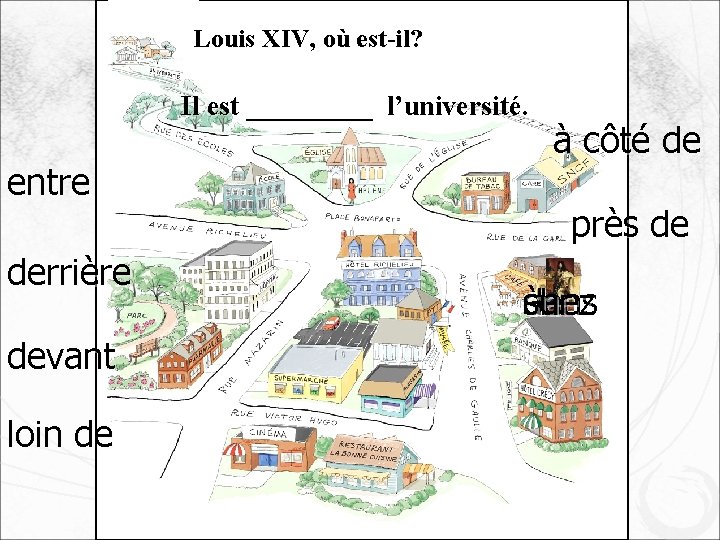 Louis XIV, où est-il? Il est _____ l’université. entre derrière devant loin de à