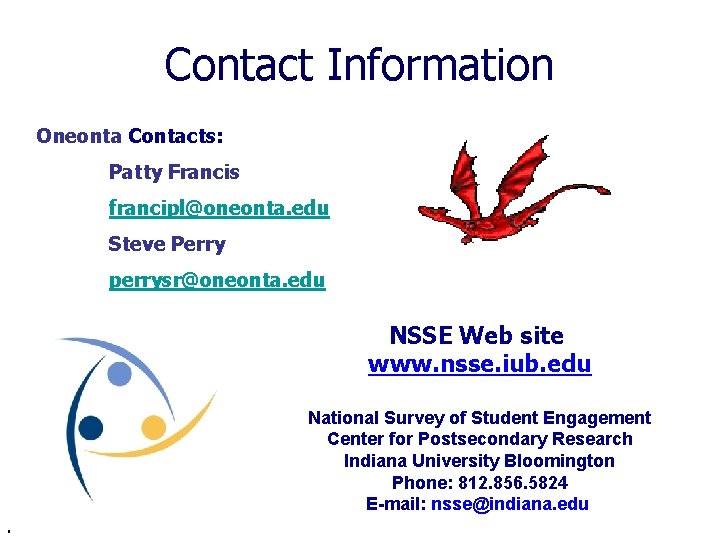 Contact Information Oneonta Contacts: Patty Francis francipl@oneonta. edu Steve Perry perrysr@oneonta. edu NSSE Web