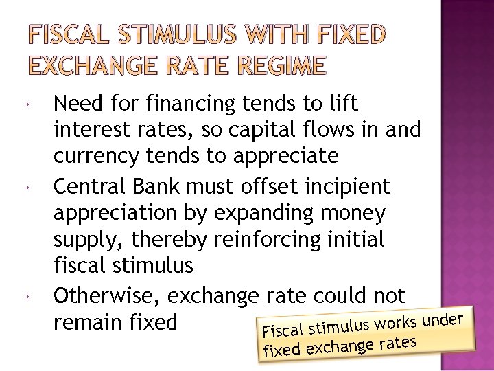 FISCAL STIMULUS WITH FIXED EXCHANGE RATE REGIME Need for financing tends to lift interest