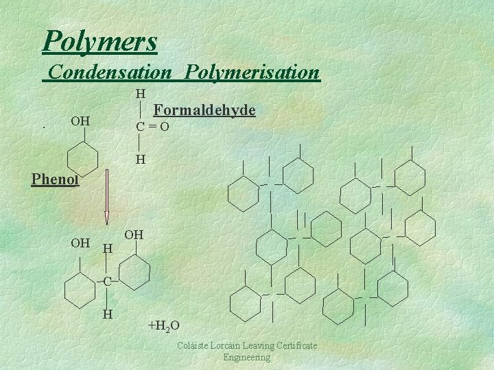 Polymers Condensation Polymerisation H . OH Formaldehyde C=O H Phenol OH H OH C