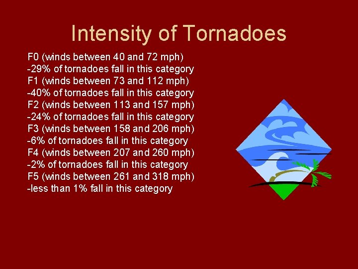 Intensity of Tornadoes F 0 (winds between 40 and 72 mph) -29% of tornadoes