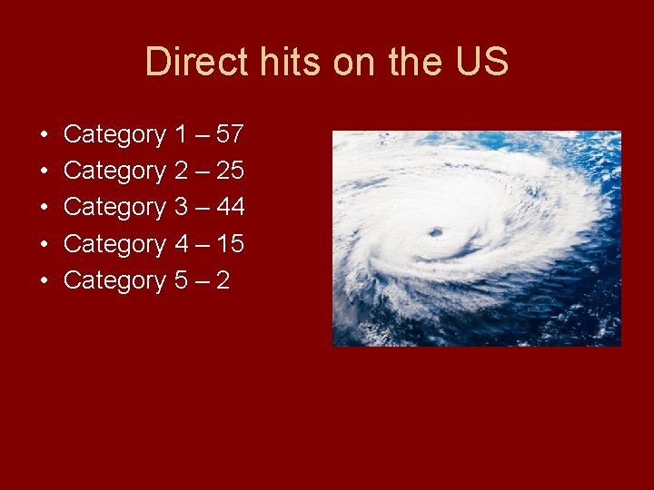 Direct hits on the US • • • Category 1 – 57 Category 2