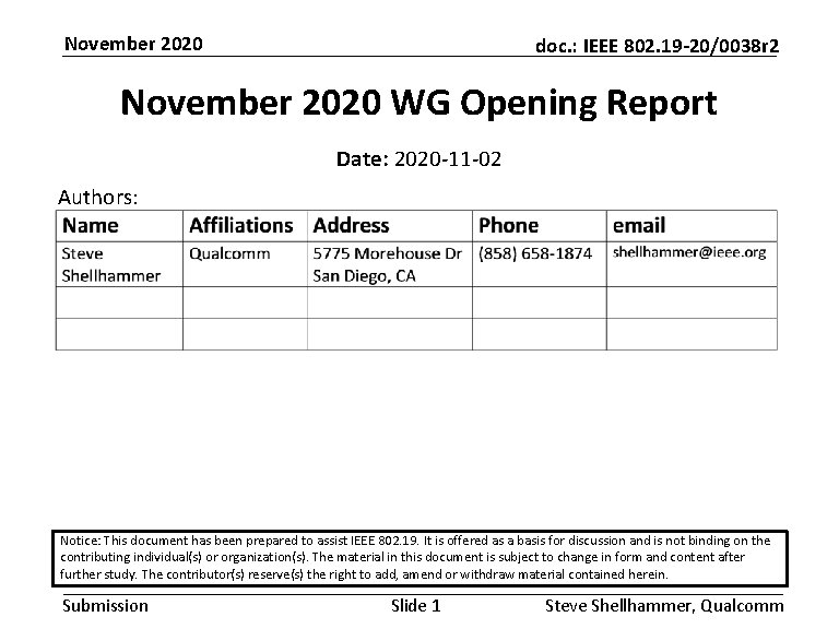 November 2020 doc. : IEEE 802. 19 -20/0038 r 2 November 2020 WG Opening