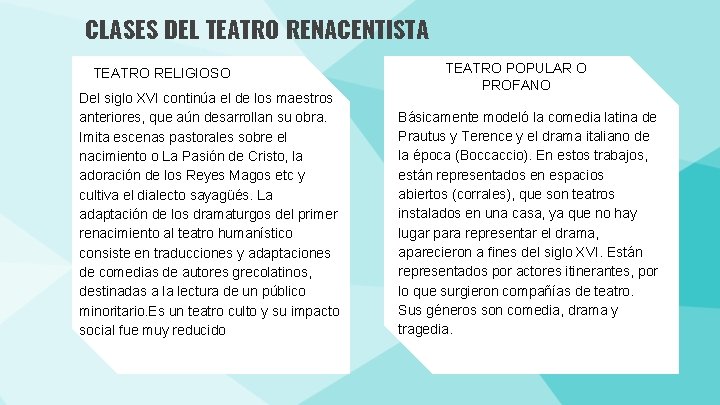 CLASES DEL TEATRO RENACENTISTA TEATRO RELIGIOSO Del siglo XVI continúa el de los maestros