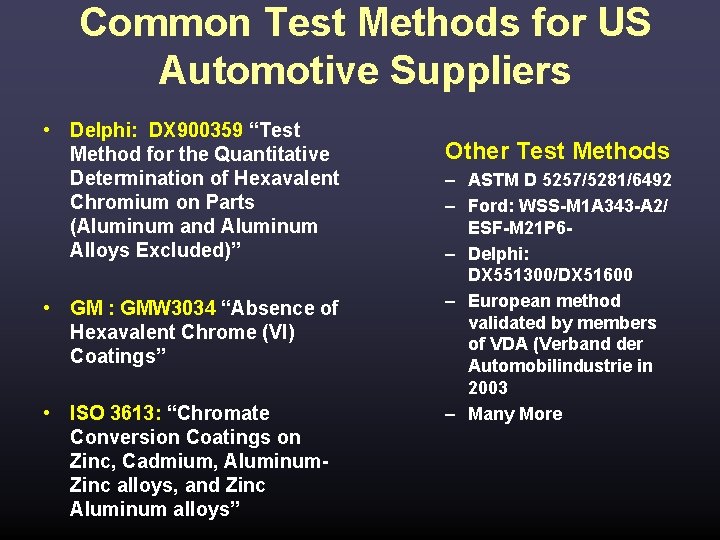 Common Test Methods for US Automotive Suppliers • Delphi: DX 900359 “Test Method for