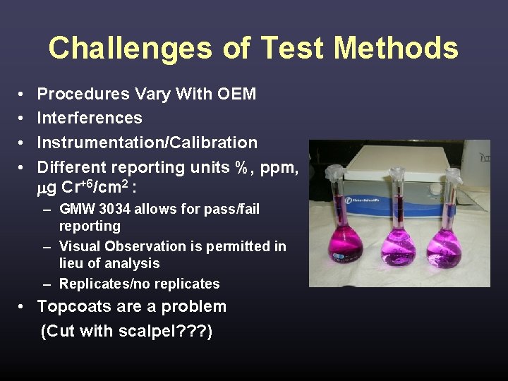 Challenges of Test Methods • • Procedures Vary With OEM Interferences Instrumentation/Calibration Different reporting