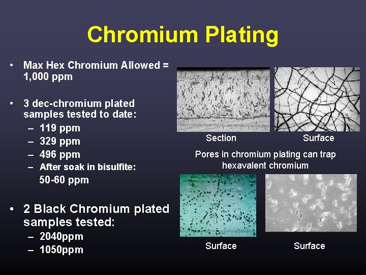 Chromium Plating • Max Hex Chromium Allowed = 1, 000 ppm • 3 dec-chromium