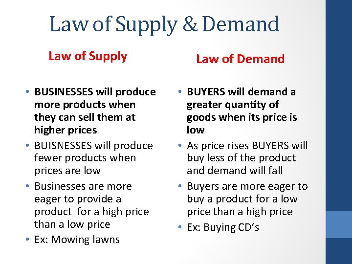 Law of Supply & Demand Law of Supply Law of Demand • BUSINESSES will