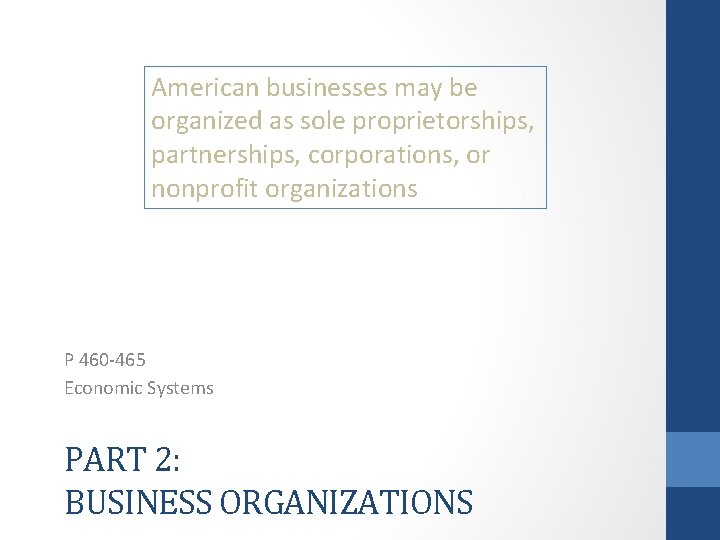American businesses may be organized as sole proprietorships, partnerships, corporations, or nonprofit organizations P