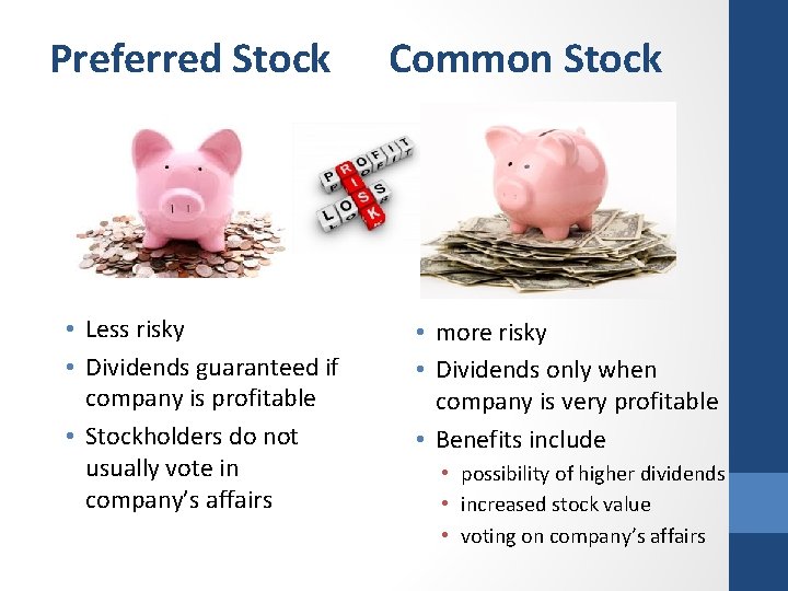 Preferred Stock • Less risky • Dividends guaranteed if company is profitable • Stockholders