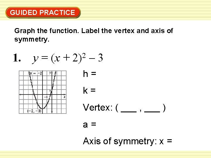 GUIDED PRACTICE Graph the function. Label the vertex and axis of symmetry. 1. y