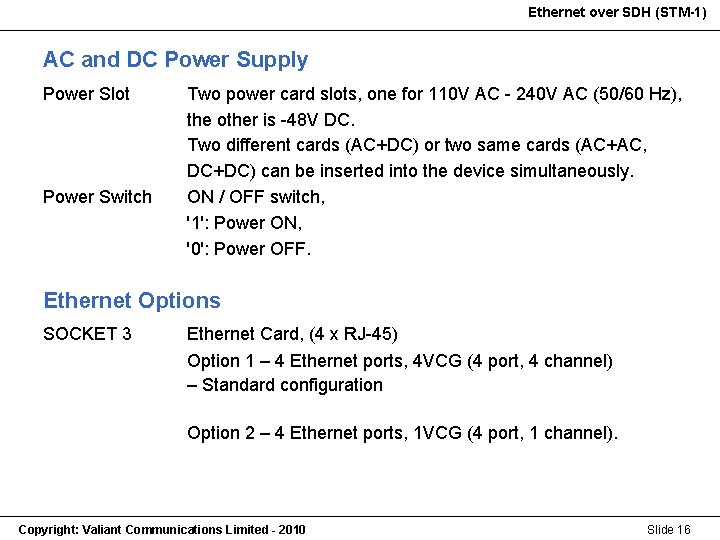 Ethernet over SDH (STM-1) AC and DC Power Supply Power Slot Power Switch Two