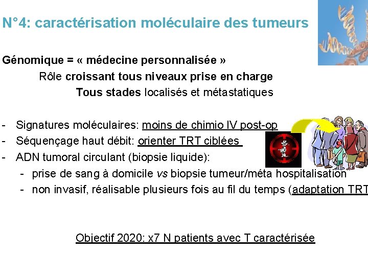 N° 4: caractérisation moléculaire des tumeurs Génomique = « médecine personnalisée » Rôle croissant