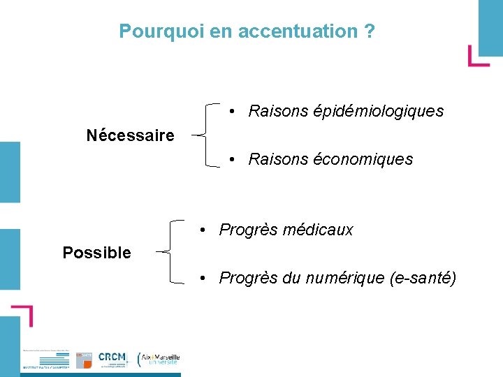 Pourquoi en accentuation ? • Raisons épidémiologiques Nécessaire • Raisons économiques • Progrès médicaux