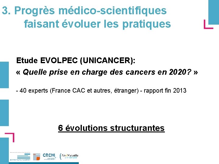 3. Progrès médico-scientifiques faisant évoluer les pratiques Etude EVOLPEC (UNICANCER): « Quelle prise en