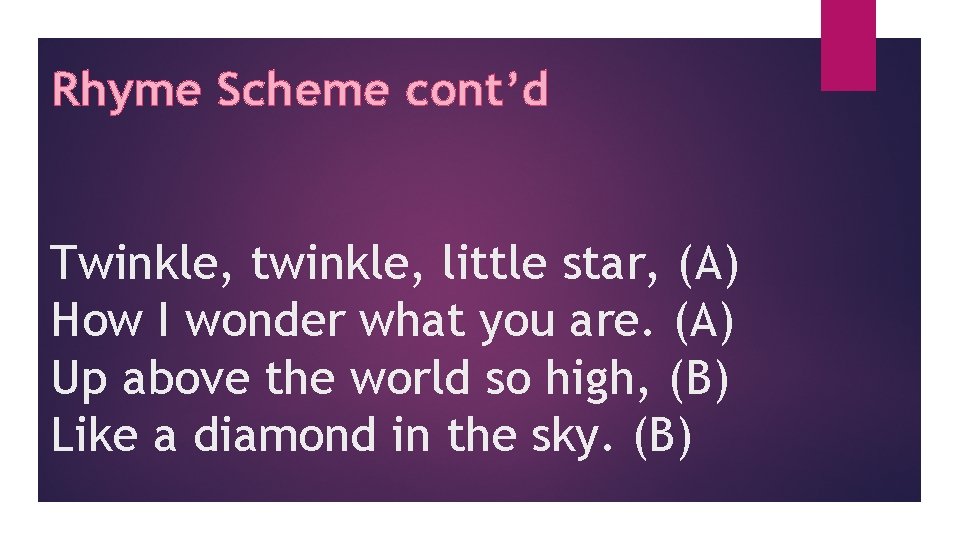 Rhyme Scheme cont’d Twinkle, twinkle, little star, (A) How I wonder what you are.