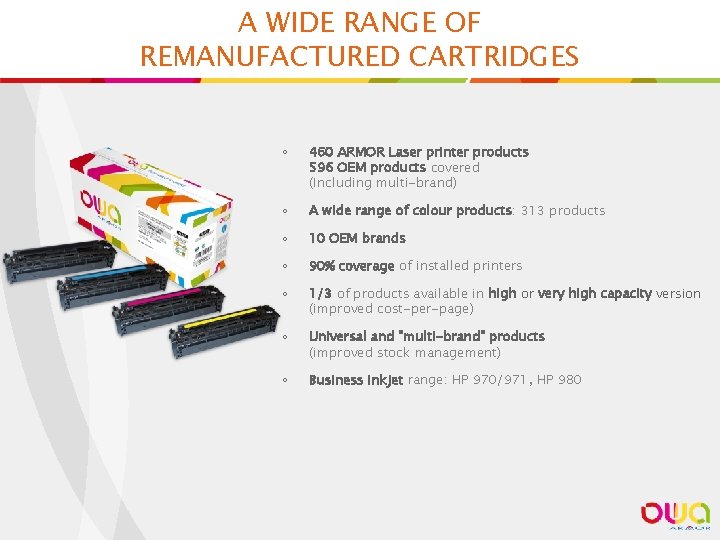 A WIDE RANGE OF REMANUFACTURED CARTRIDGES ◦ 460 ARMOR Laser printer products 596 OEM