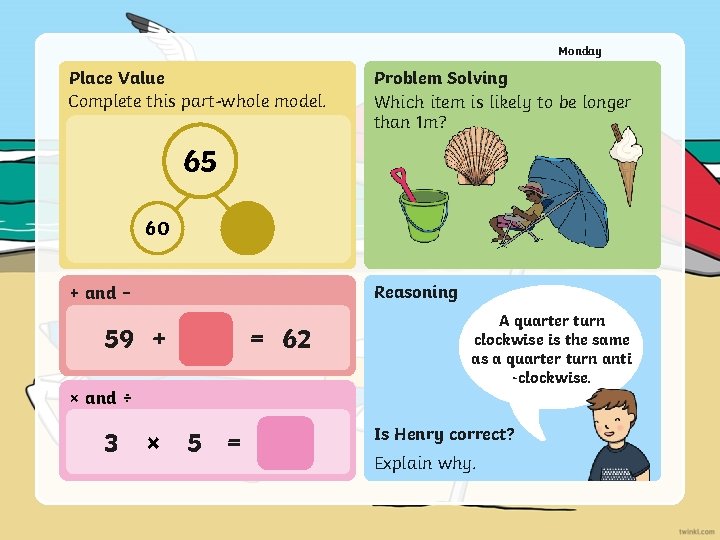 Monday Place Value Complete this part-whole model. Problem Solving Which item is likely to