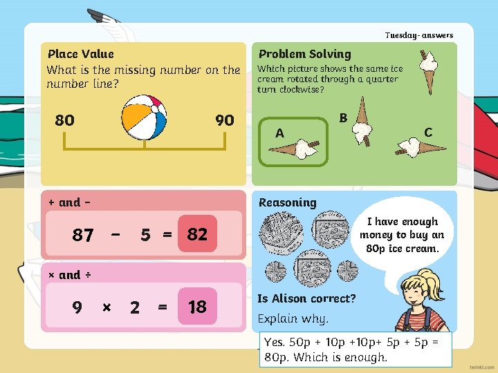 Tuesday- answers Place Value What is the missing number on the number line? 80