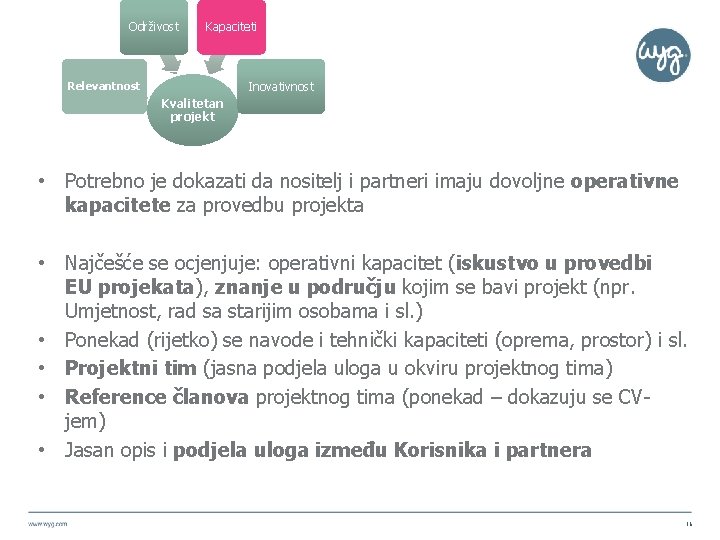 Održivost Kapaciteti Inovativnost Relevantnost Kvalitetan projekt • Potrebno je dokazati da nositelj i partneri