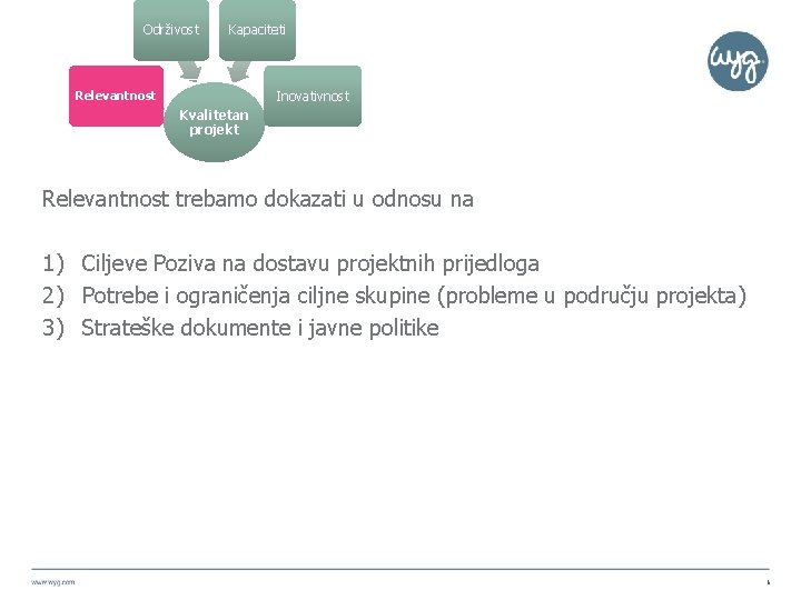 Održivost Kapaciteti Inovativnost Relevantnost Kvalitetan projekt Relevantnost trebamo dokazati u odnosu na 1) Ciljeve