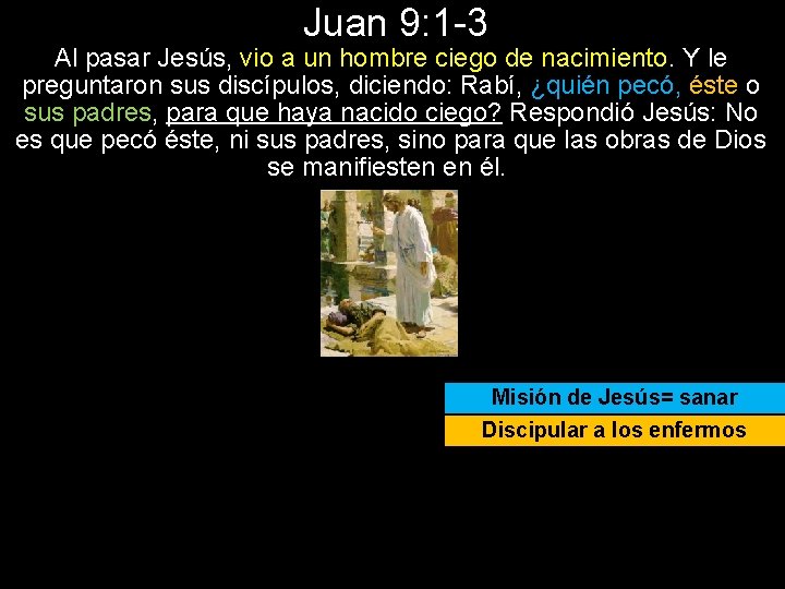 Juan 9: 1 -3 Al pasar Jesús, vio a un hombre ciego de nacimiento.