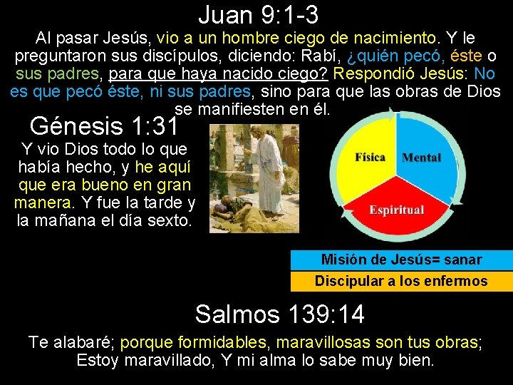 Juan 9: 1 -3 Al pasar Jesús, vio a un hombre ciego de nacimiento.