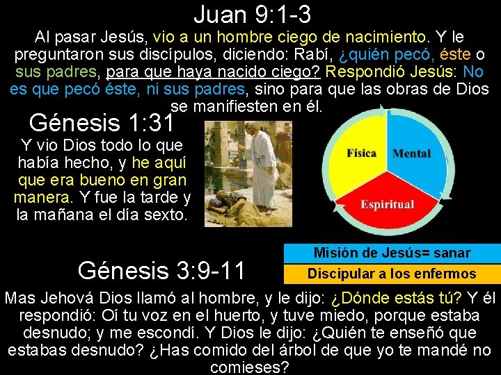 Juan 9: 1 -3 Al pasar Jesús, vio a un hombre ciego de nacimiento.