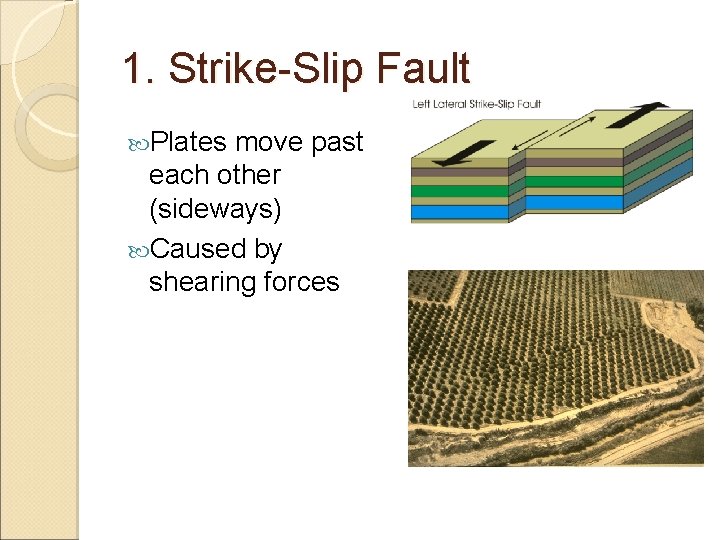 1. Strike-Slip Fault Plates move past each other (sideways) Caused by shearing forces 