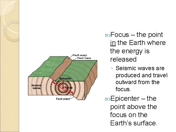  Focus – the point in the Earth where the energy is released ◦