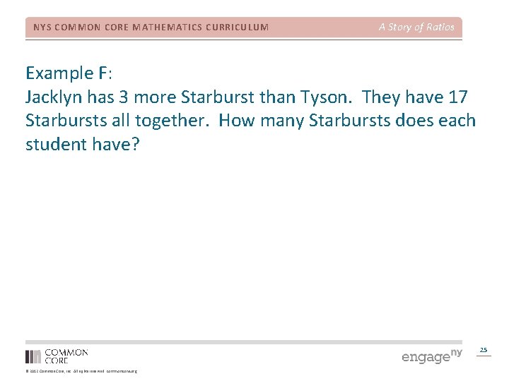 NYS COMMON CORE MATHEMATICS CURRICULUM A Story of Ratios Example F: Jacklyn has 3