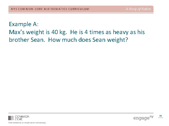 NYS COMMON CORE MATHEMATICS CURRICULUM A Story of Ratios Example A: Max’s weight is