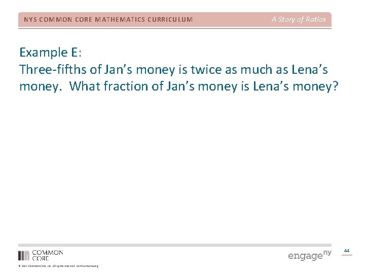 NYS COMMON CORE MATHEMATICS CURRICULUM A Story of Ratios Example E: Three-fifths of Jan’s