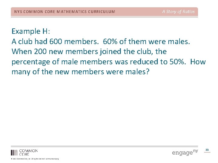 NYS COMMON CORE MATHEMATICS CURRICULUM A Story of Ratios Example H: A club had