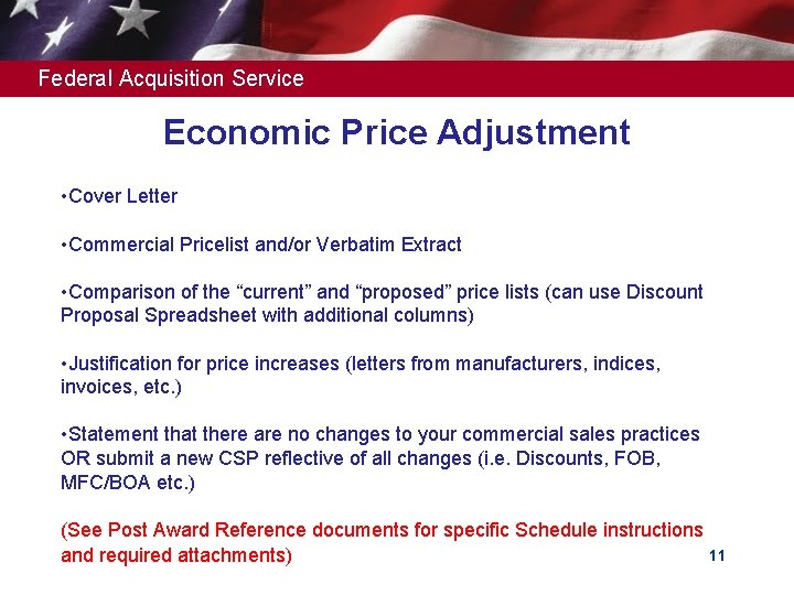 Federal Acquisition Service Economic Price Adjustment • Cover Letter • Commercial Pricelist and/or Verbatim