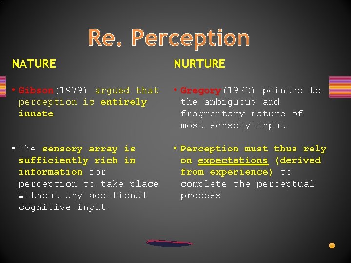 Re. Perception NATURE NURTURE • Gibson(1979) argued that perception is entirely innate • Gregory(1972)