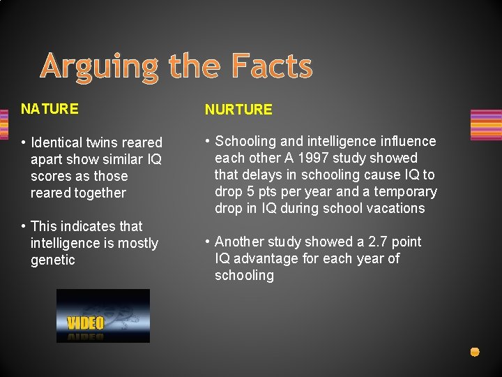 Arguing the Facts NATURE NURTURE • Identical twins reared apart show similar IQ scores