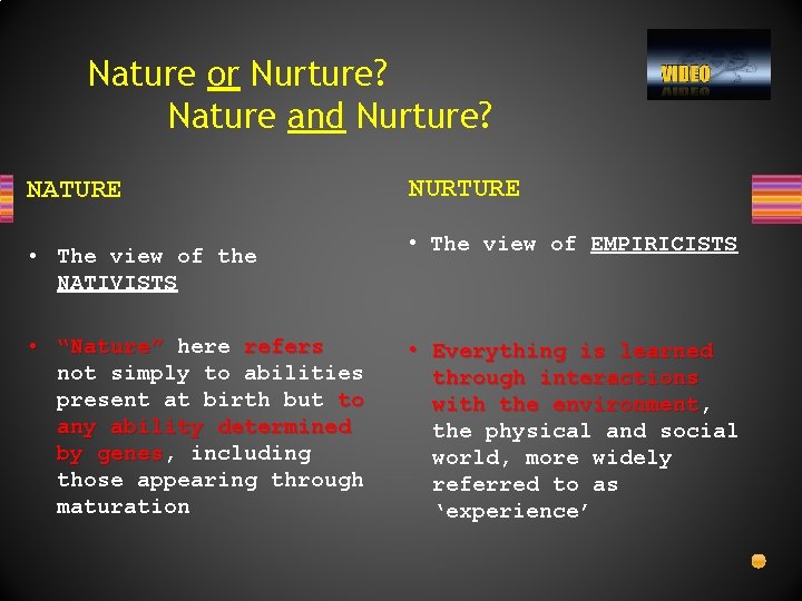 Nature or Nurture? Nature and Nurture? NATURE • The view of the NATIVISTS •