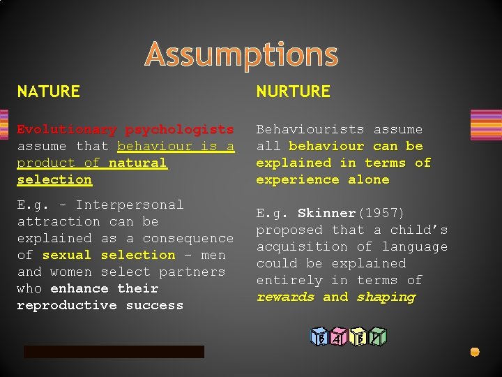 Assumptions NATURE NURTURE Evolutionary psychologists assume that behaviour is a product of natural selection